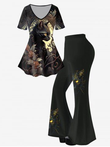 Flower Cat Print Short Sleeves T-shirt And Cat Print Flare Pants Gothic Outfit