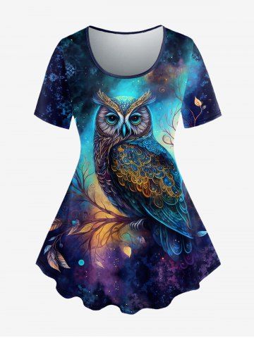 Plus Size Galaxy Owl Branch Print Short Sleeves T-shirt - DEEP BLUE - 5X