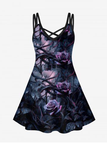 Gothic Flower Leaves Print Crisscross Cami Dress - BLACK - M