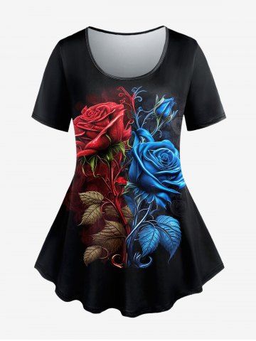 Plus Size Flower Leaves Print Short Sleeves T-shirt - BLACK - 6X