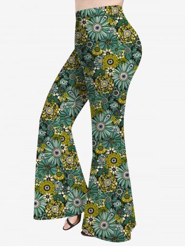 Plus Size Flower Print Flare Pants - GREEN - XS