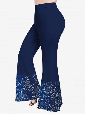 Plus Size Sunflower Print Flare Pants - BLUE - S