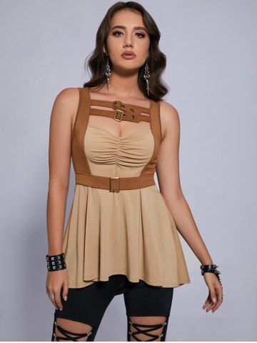 Gothic Two Tone Buckle Cutout Ruched High Low Sleeveless Top