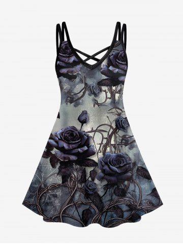 Robe Gothique à Bretelle Croisée Fleur Imprimée - BLACK - L