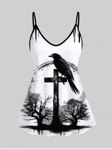 Gothic Bird Cross Tree Print Cami Top (Adjustable Shoulder Strap) - WHITE - 1X