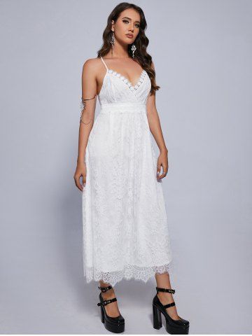 Plus Size Plunge Lace Party Semi Formal Maxi White Fairy Dress
