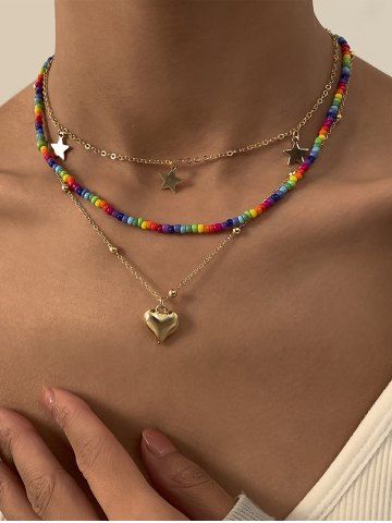 3Pcs Vintage Colorful Beaded Love Star Pendant Necklace - MULTI