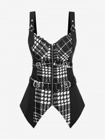 Gothic Plaid Buckled Grommets Zip Front Asymmetrical Tank Top