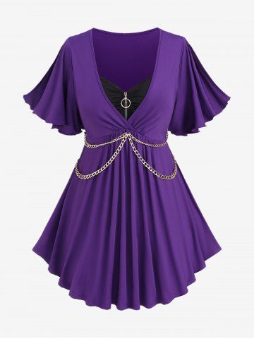 Plus Size Zipper Chains Ruched Surplice Butterfly Sleeves T-shirt - PURPLE - 1X | US 14-16