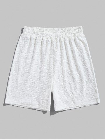 Men's Casual Geometric Jacquard Textured Terry Cloth Elastic Waist Shorts - WHITE - L