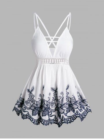 Floral Embroidery Lace Panel Plunge Tank Top - WHITE - S