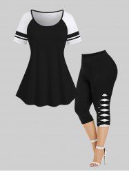 Plus Size Striped Sleeves Raglan Shoulder T-shirt and Leggings Outfit -  