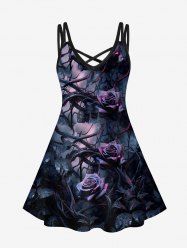 Gothic Flower Leaves Print Crisscross Cami Dress -  