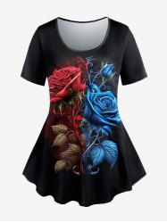 T-Shirt à Manches Courtes avec Imprimé Feuilles et Fleurs Grande-Taille - Noir L