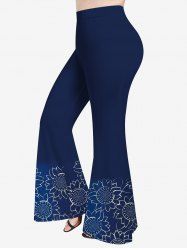 Pantalon Evasé Tournesol Imprimé de Grande Taille - Bleu 8X