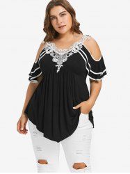 Plus Size Floral Lace Panel Layered Cold Shoulder T-shirt -  