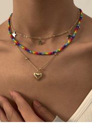 3Pcs Vintage Colorful Beaded Love Star Pendant Necklace -  