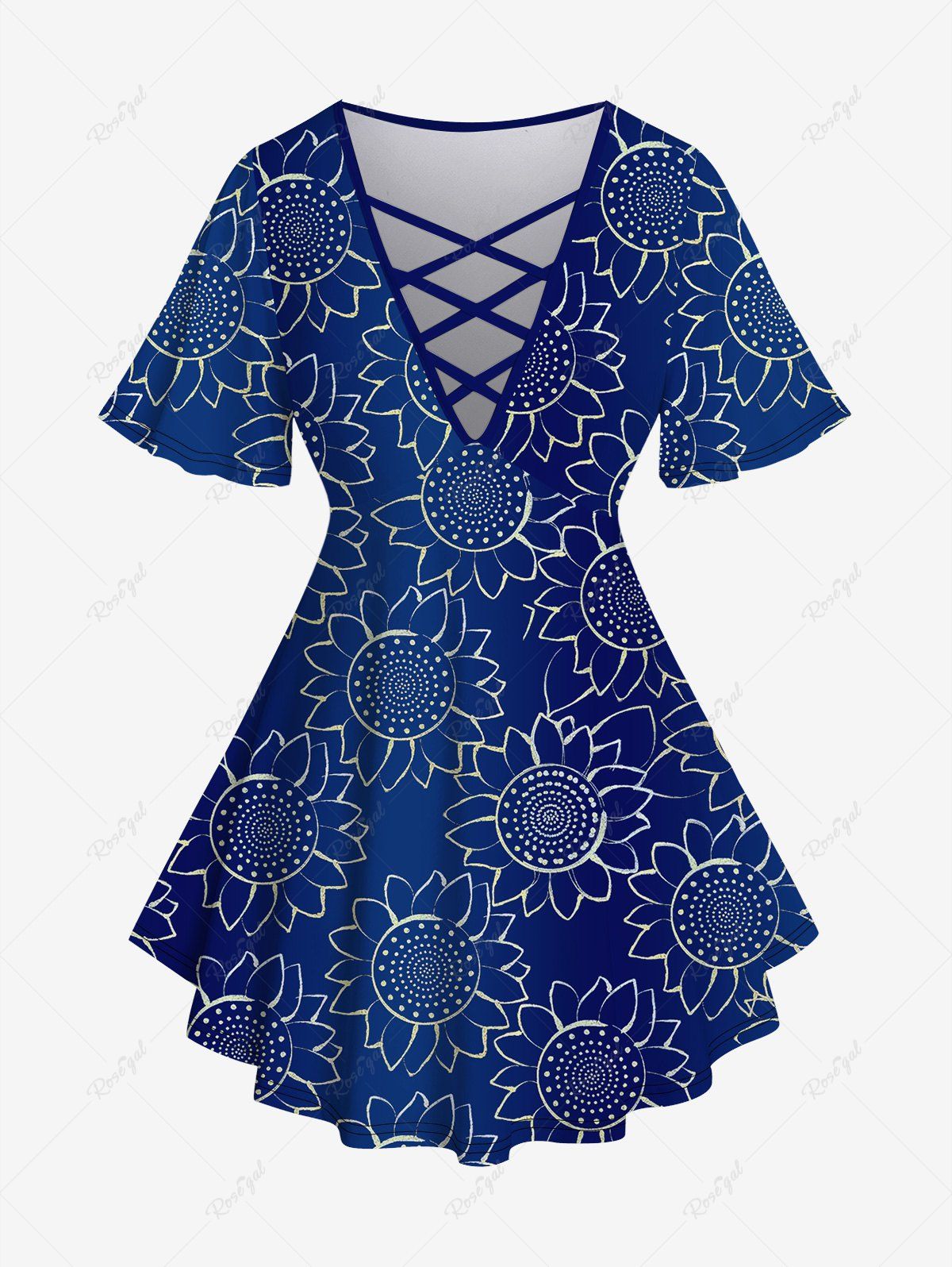 T-shirt Croisé Tournesol Imprimé de Grande Taille à Manches Courtes Bleu 6X