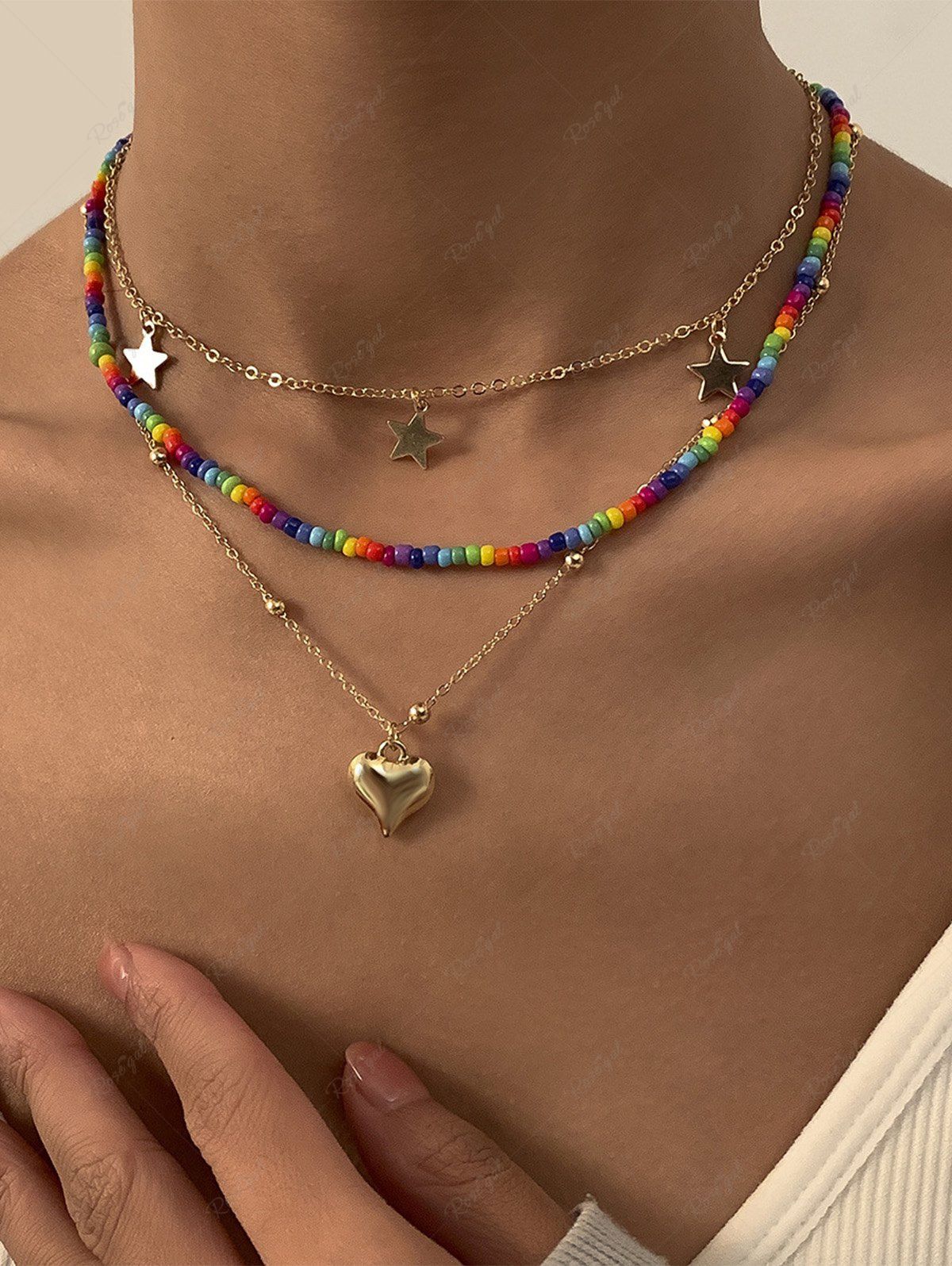 Latest 3Pcs Vintage Colorful Beaded Love Star Pendant Necklace  