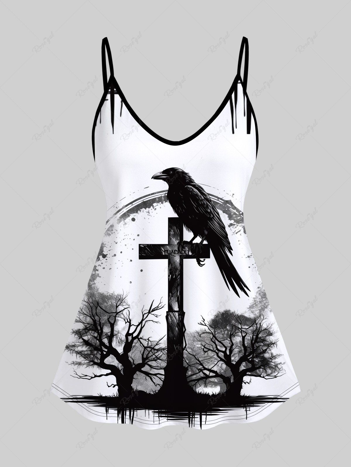 Fancy Gothic Bird Cross Tree Print Cami Top (Adjustable Shoulder Strap)  