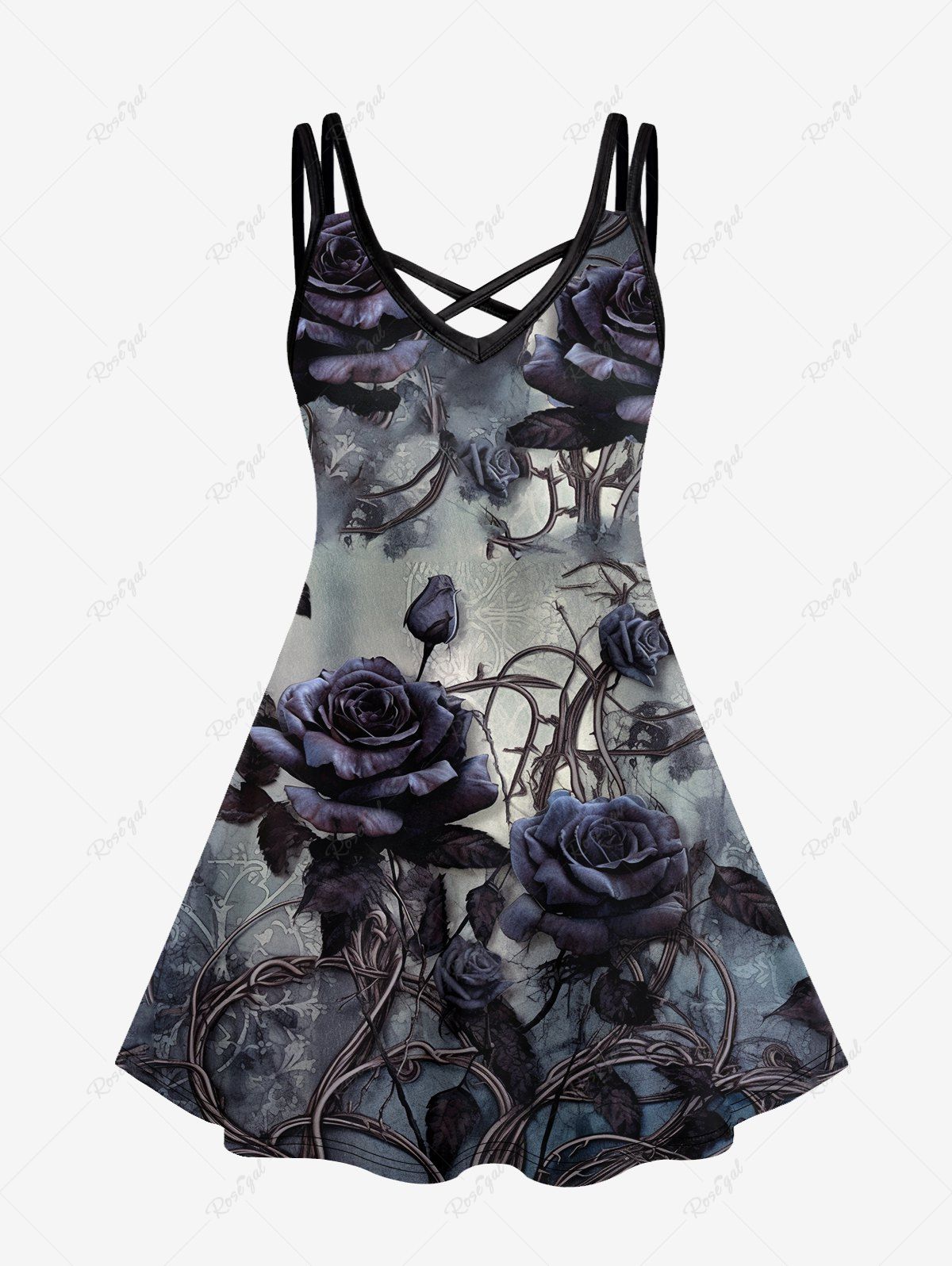 Unique Gothic Flower Print Crisscross Cami Dress  