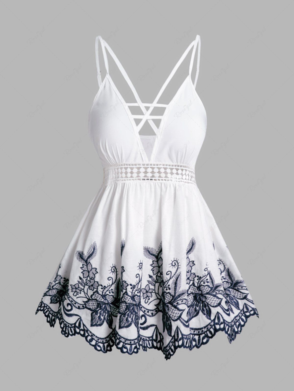 Online Floral Embroidery Lace Panel Plunge Tank Top  