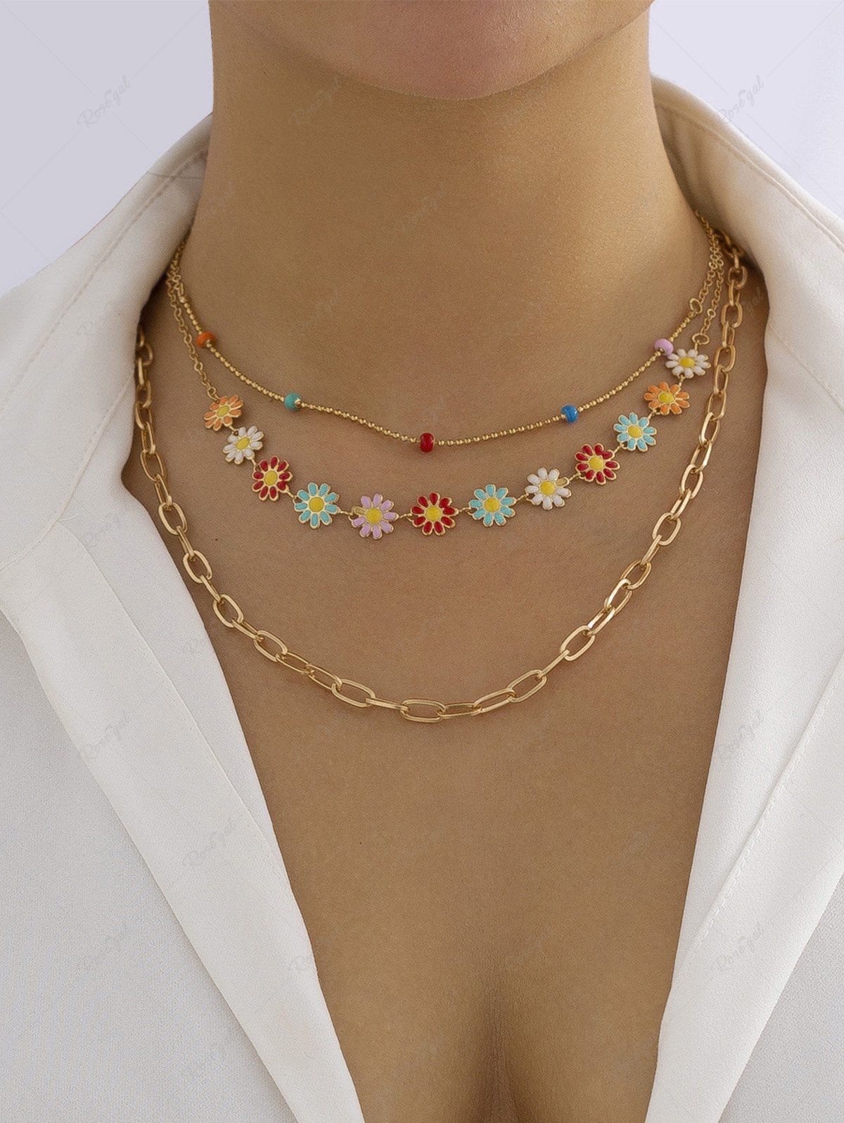 Trendy 3Pcs Vintage Ethnic Style Colorful Daisy Necklaces  