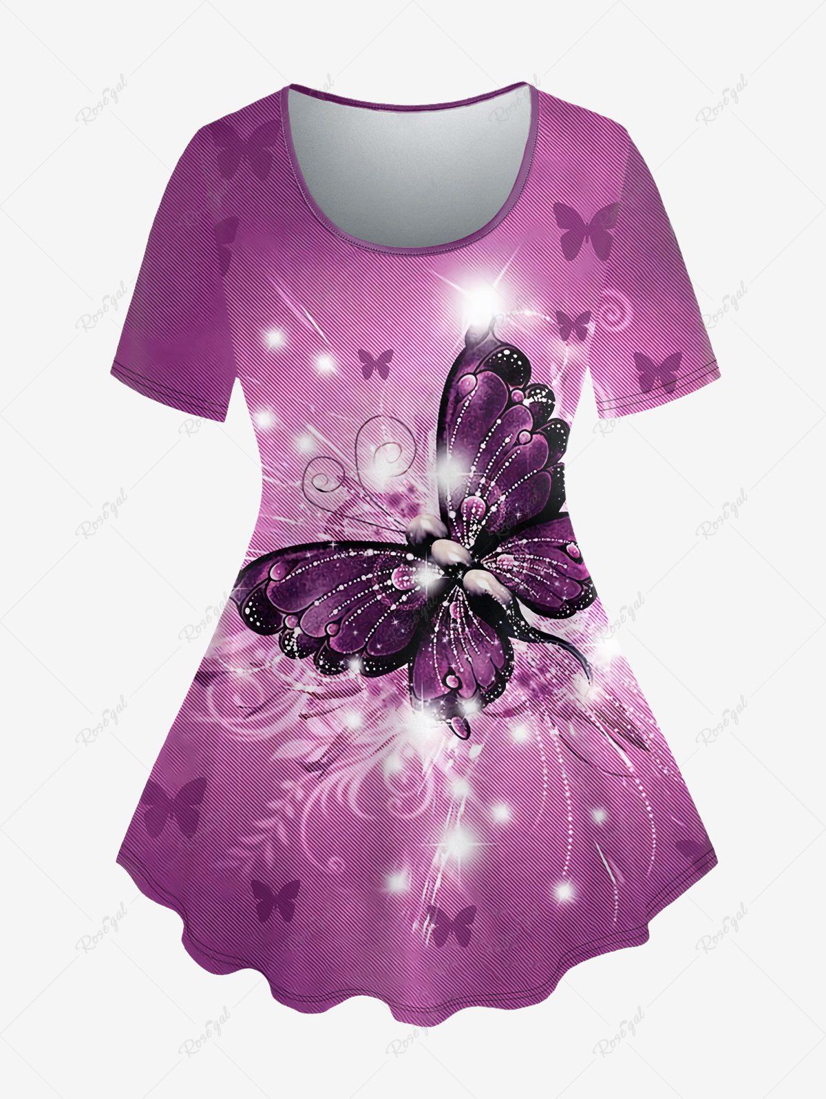 T-shirt Papillon Brillant Imprimé de Grande Taille à Manches Courtes Pourpre  6X