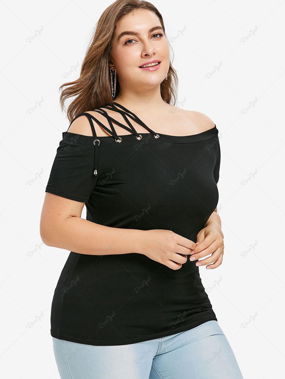 Shop Plus Size Lace Up Strappy Off Shoulder Short Sleeves T-shirt  