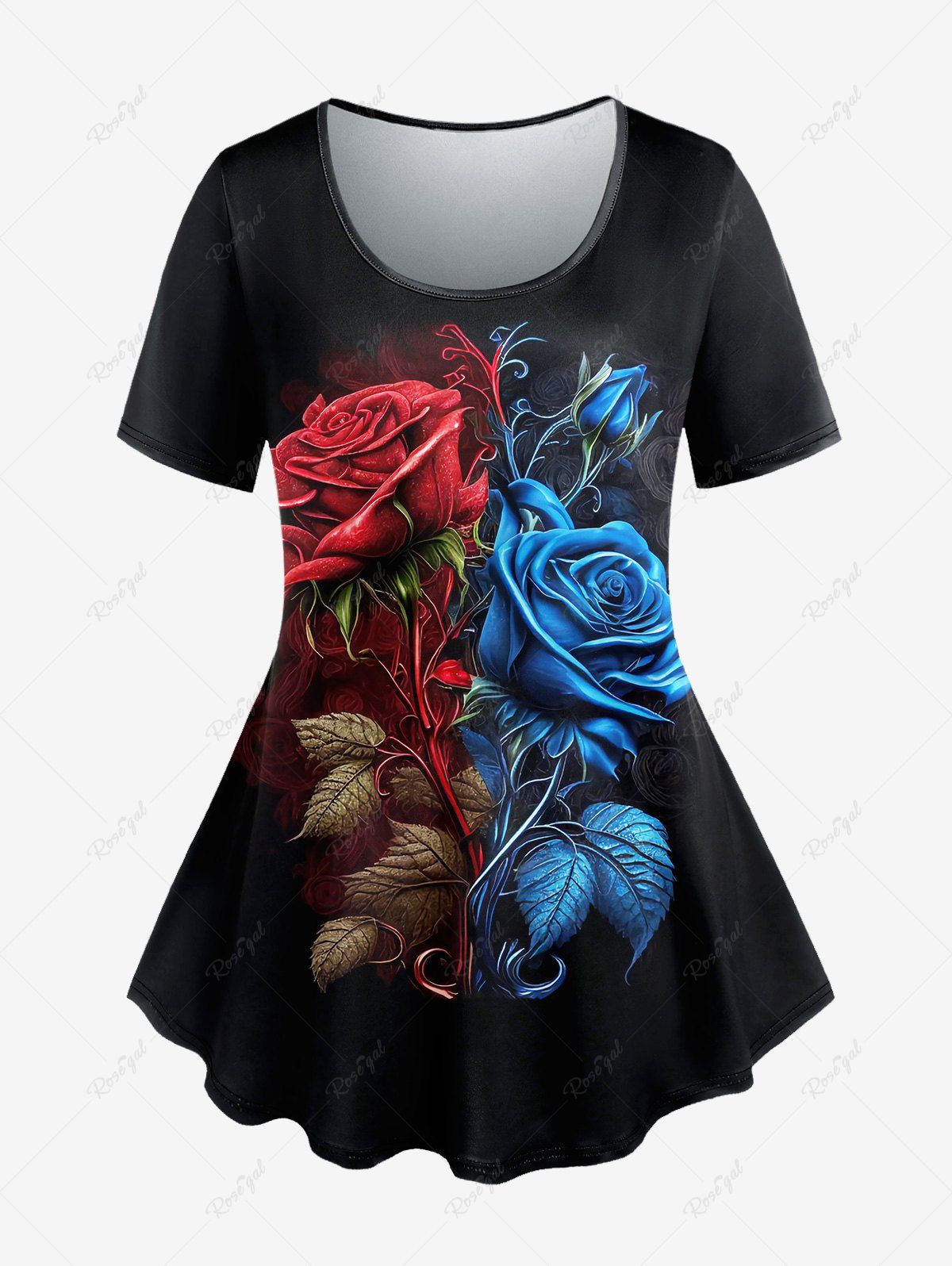 T-Shirt à Manches Courtes avec Imprimé Feuilles et Fleurs Grande-Taille Noir L