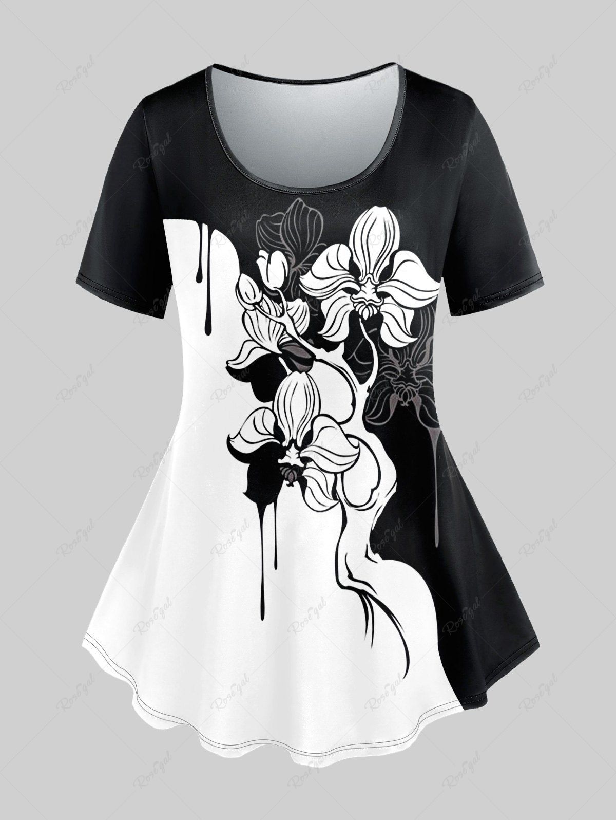 T-shirt Fleur Imprimée en Blocs de Couleurs à Manches Courtes de Grande Taille Noir 6X