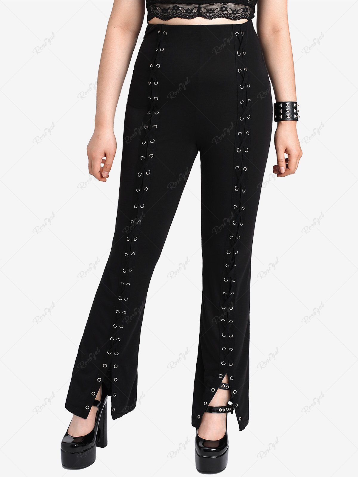 Chic Gothic Lace-up Grommets Split Hem Flare Pants  