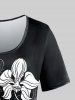 T-shirt Fleur Imprimée en Blocs de Couleurs à Manches Courtes de Grande Taille - Noir M