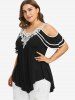 Plus Size Floral Lace Panel Layered Cold Shoulder T-shirt -  