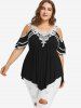 Plus Size Floral Lace Panel Layered Cold Shoulder T-shirt -  