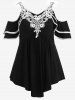 Plus Size Floral Lace Panel Layered Cold Shoulder T-shirt -  