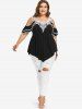 Plus Size Floral Lace Panel Layered Cold Shoulder T-shirt -  