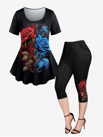 Plus Size Flower Leaves Printed Short Sleeves T-shirt and Pockets Capri Leggings Outfit - BLACK