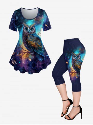Galaxy Owl Branch Print Short Sleeves T-shirt and Capri Leggings Plus Size Outfits - DEEP BLUE