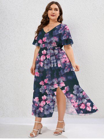 Plus Size Floral Leaves Print Split Dress - DEEP BLUE - XS | US 6