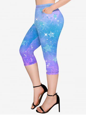Plus Size Galaxy Star Glitter Ombre Print Pockets Capri Leggings