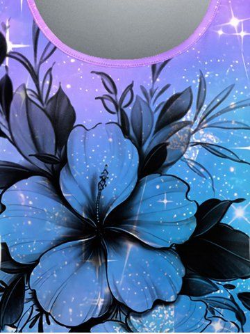 Plus Size Galaxy Ombre Star Glitter Flower Print T-shirt