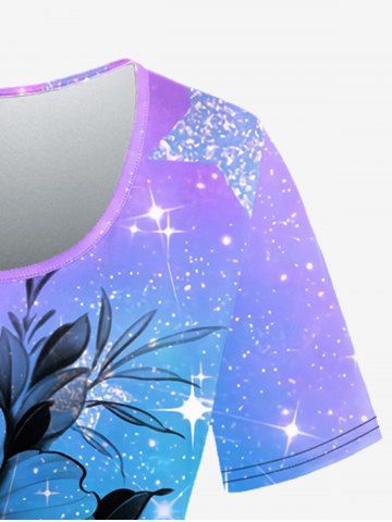 Plus Size Galaxy Ombre Star Glitter Flower Print T-shirt