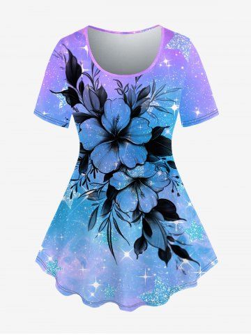 Plus Size Galaxy Ombre Star Glitter Flower Print T-shirt - LIGHT PURPLE - 6X