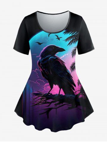 Plus Size Moon Cloud Bird Tree Print T-shirt - BLACK - M