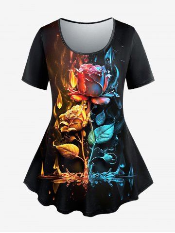 Plus Size Flower Leaves Flame Print Short Sleeves T-shirt