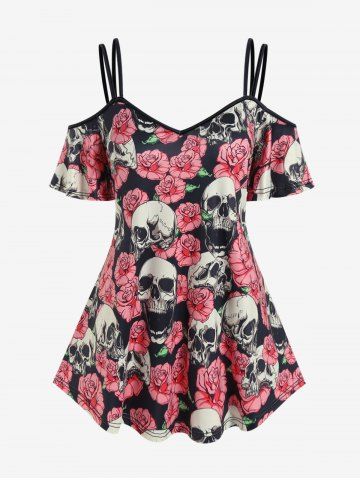 Plus Size Gothic Skulls Rose Printed Cold Shoulder Tee - BLACK - M | US 10