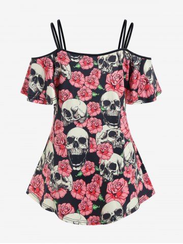 Plus Size Gothic Skulls Rose Printed Cold Shoulder Tee