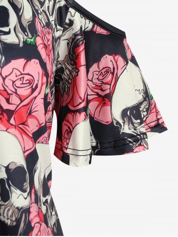 Plus Size Gothic Skulls Rose Printed Cold Shoulder Tee