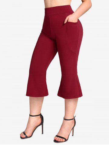 Plus Size Pockets Solid Color Capri Pants - RED - 4X | US 26-28